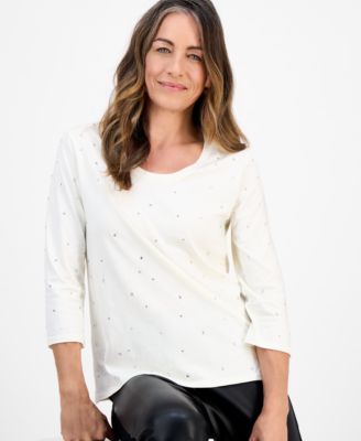 Petite Cotton Scoop-Neck Rhinestone 3/4-Sleeve Top, Macy's Exclusive 