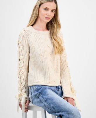 Petite Round-Neck Satin-Bow-Sleeve Sweater, Macy's Exclusive 