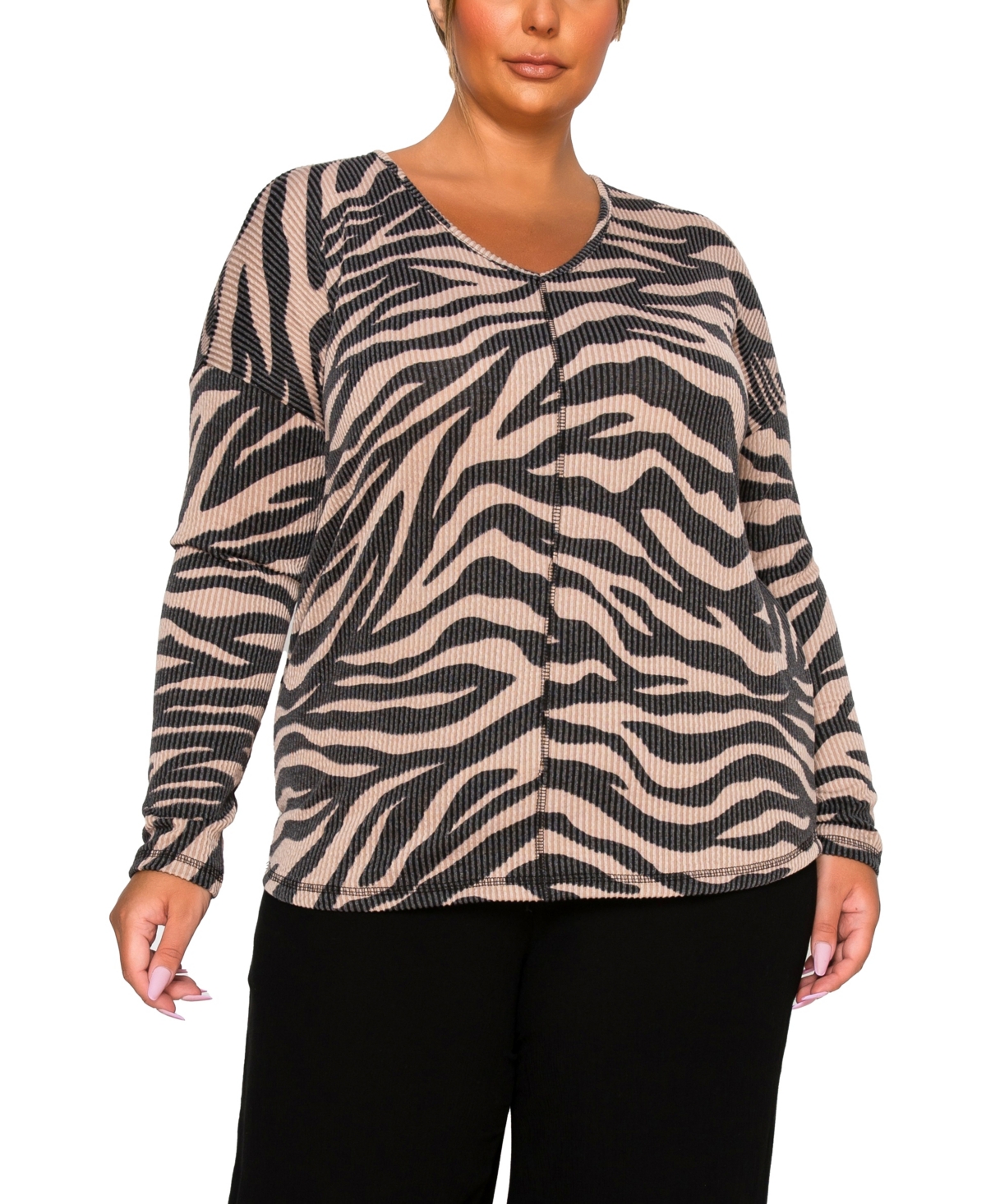 Coin 1804 Plus Size Textured Zebra V Neck Dolman Top In Animal Print