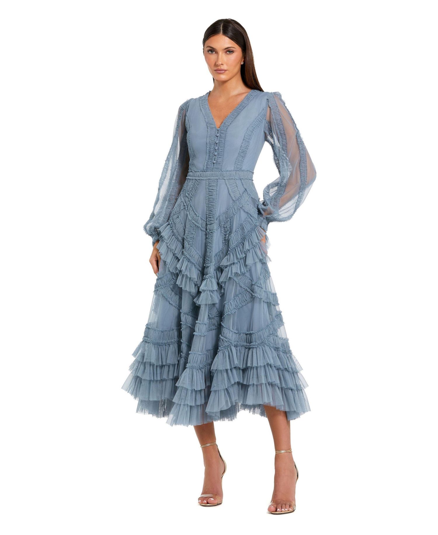 Women's Long Sleeve V Neck Mesh Micro Ruffle Midi Dress