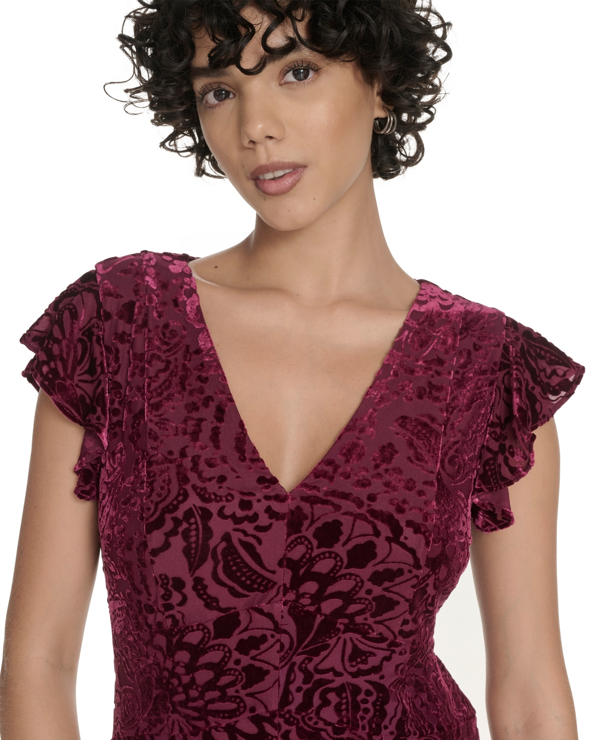Tommy Hilfiger Women's Burnout Velvet Ruffled High-low Dress In Burgundy