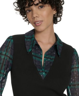 Women's Collared V-Neck Plaid Dress