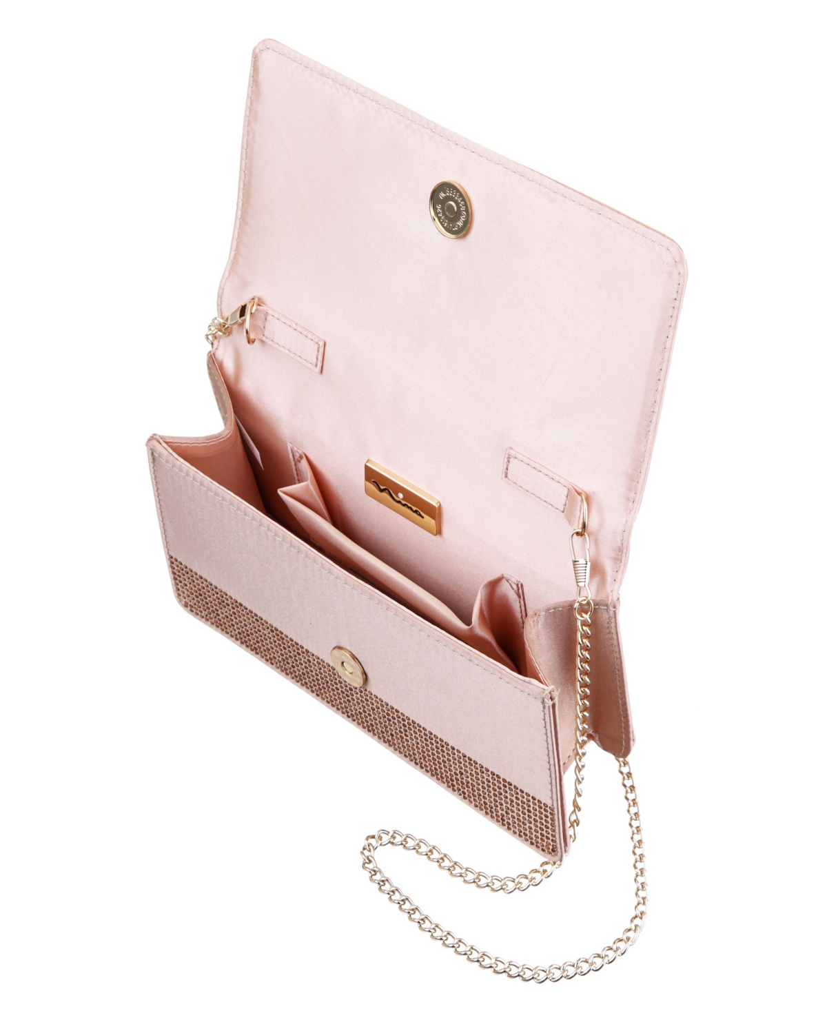 Nina Elongated Crystal Magnetic Snap Satchel Bag In Brown