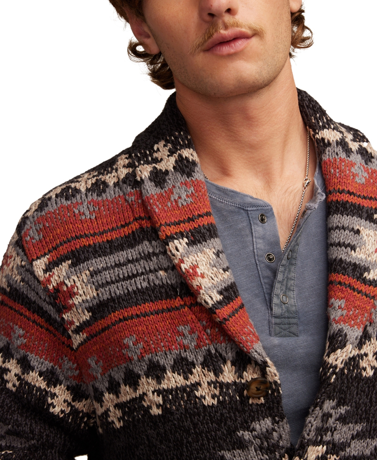 Lucky Brand Intarsia Blanket Cotton Shawl Collar Cardigan In Brown