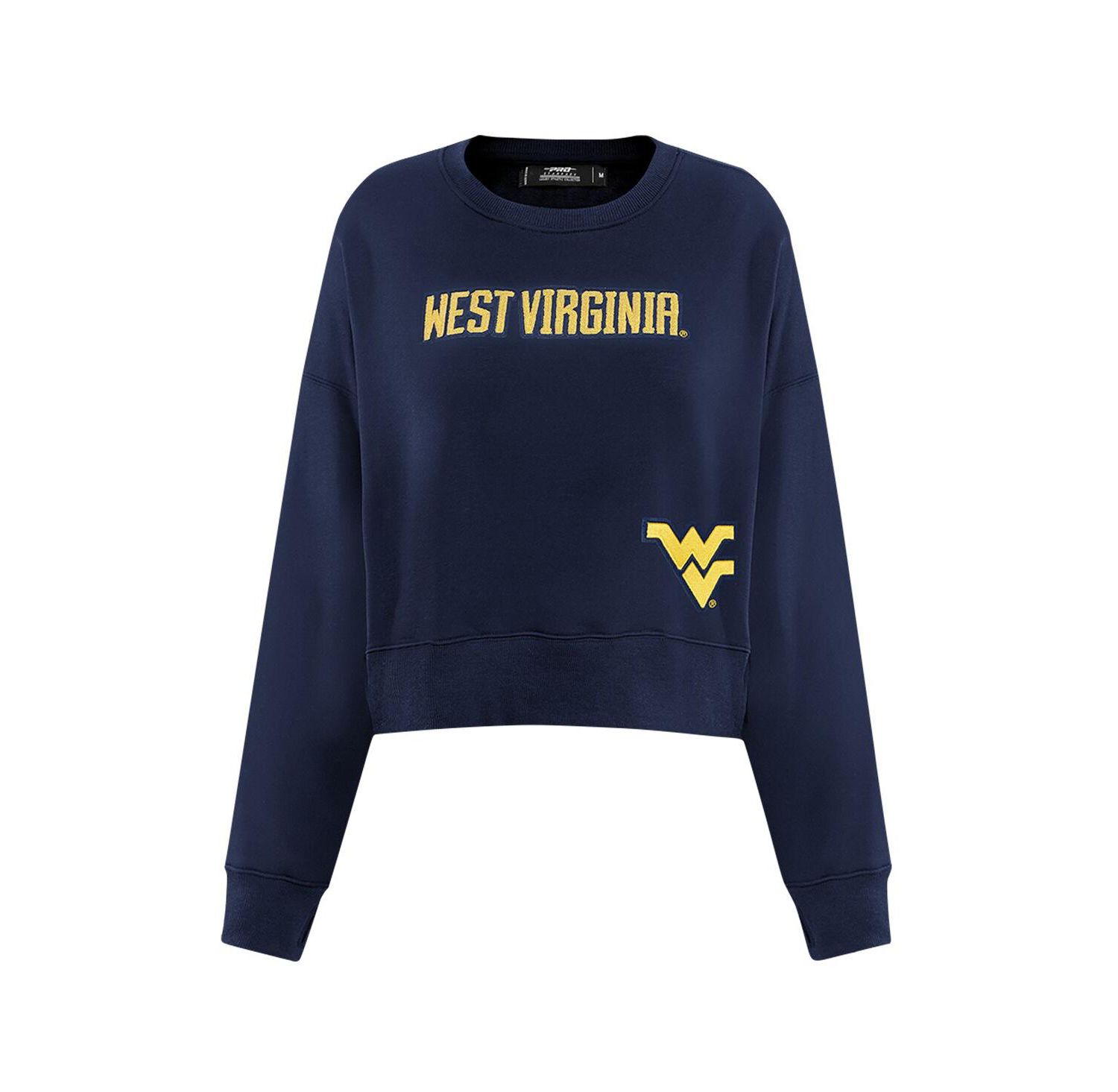 Women's Navy West Virginia Mountaineers Sequin Boxy Cropped Pullover Sweatshirt