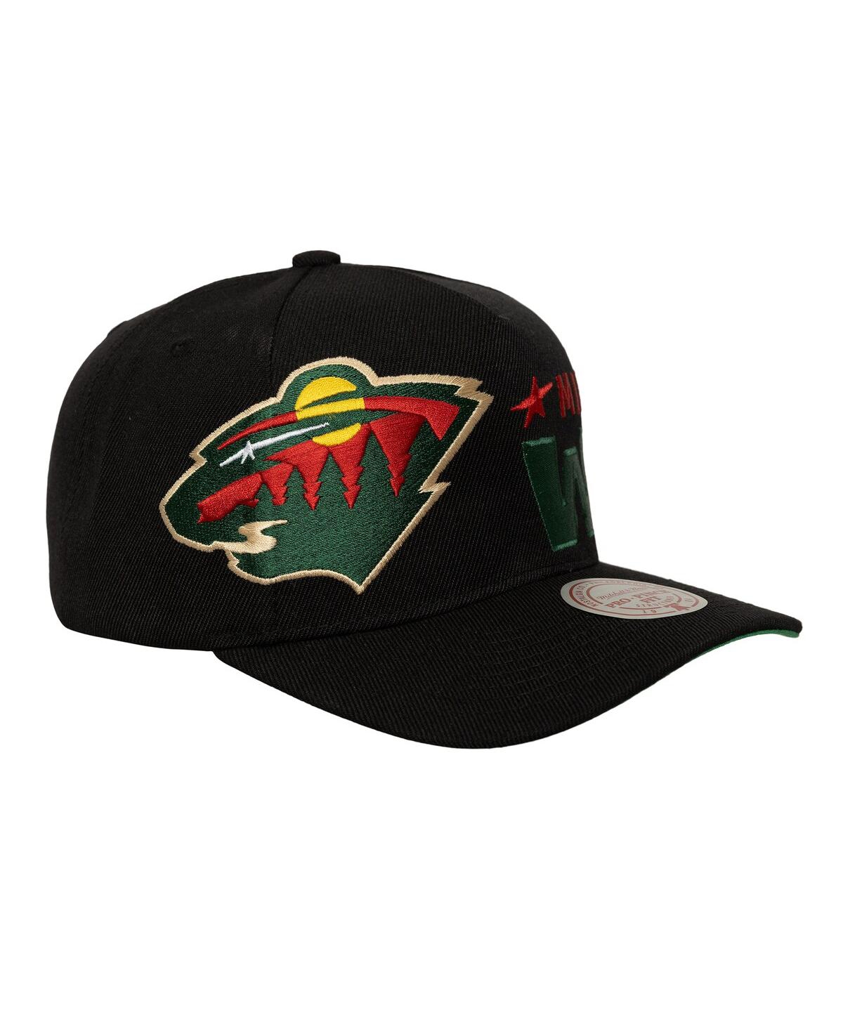 Mitchell & Ness Men's Black Minnesota Wild Busted Logo Wordmark Wrap-around Pro Pinch Adjustable Hat In Black