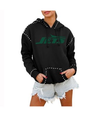 Gameday Couture - Women's Black New York Jets Oversized Catch the Vibe Studded Pullover Hoodie