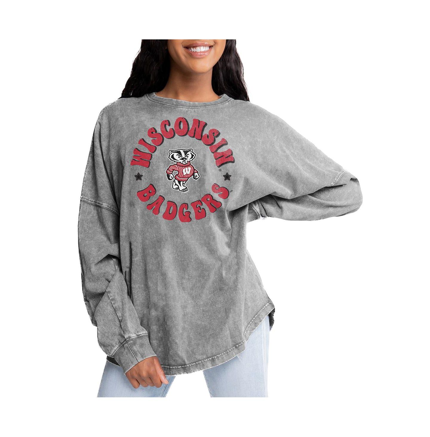 Женская футболка Gameday Couture Gray Wisconsin Badgers Playing Around Faded Wash Oversized Long Sleeve — фото 1