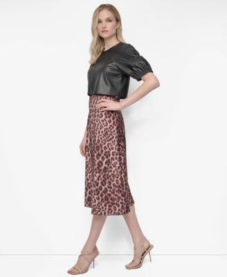 Women's Short Sleeve Jewel Neck Mixed Media Midi Dress