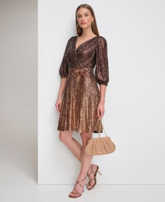 Women's Long Sleeve Ombre Faux Wrap Sequin Dress