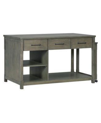 60" Extendable Kitchen Island with Power Outlets, Pull-Out Table & Drawers, Rolling Retro Kitchen Cart with USB Ports-