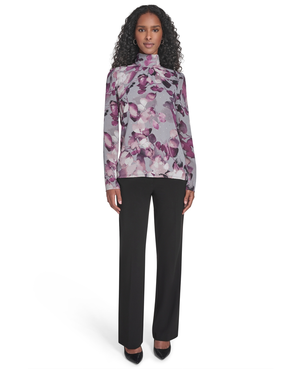 Calvin Klein Women's Mock Neck Long Sleeve Chiffon Blouse In Purple