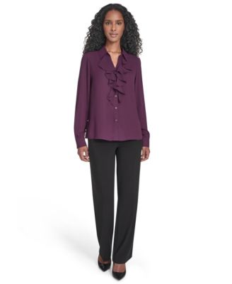 Women's Solid Long Sleeve Ruffle Front Blouse