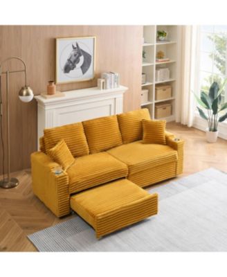 80" Orange Corduroy Pull-Out Sofa Bed w/ Cup Holder