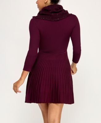Juniors' Detachable Scarf Fit & Flare Sweater Dress