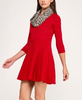 Juniors' Detachable Scarf Fit & Flare Sweater Dress