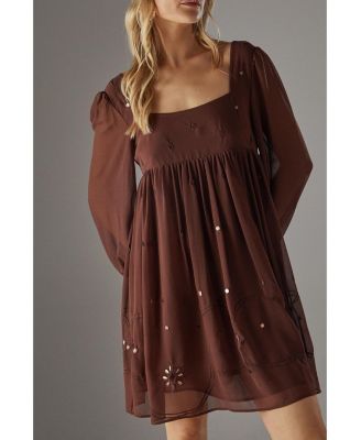 Women's Hand Embellished Square Neck Mini Dress