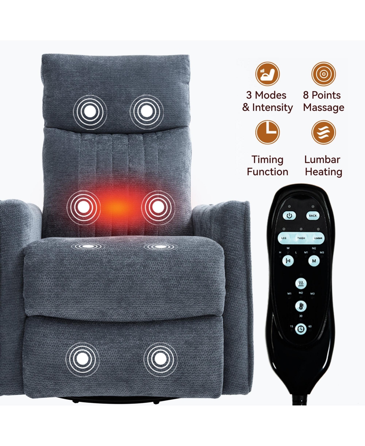 Boyel Living Heat Massage Manual Recliner Chair with Rocker and Swivel Fabric for Room