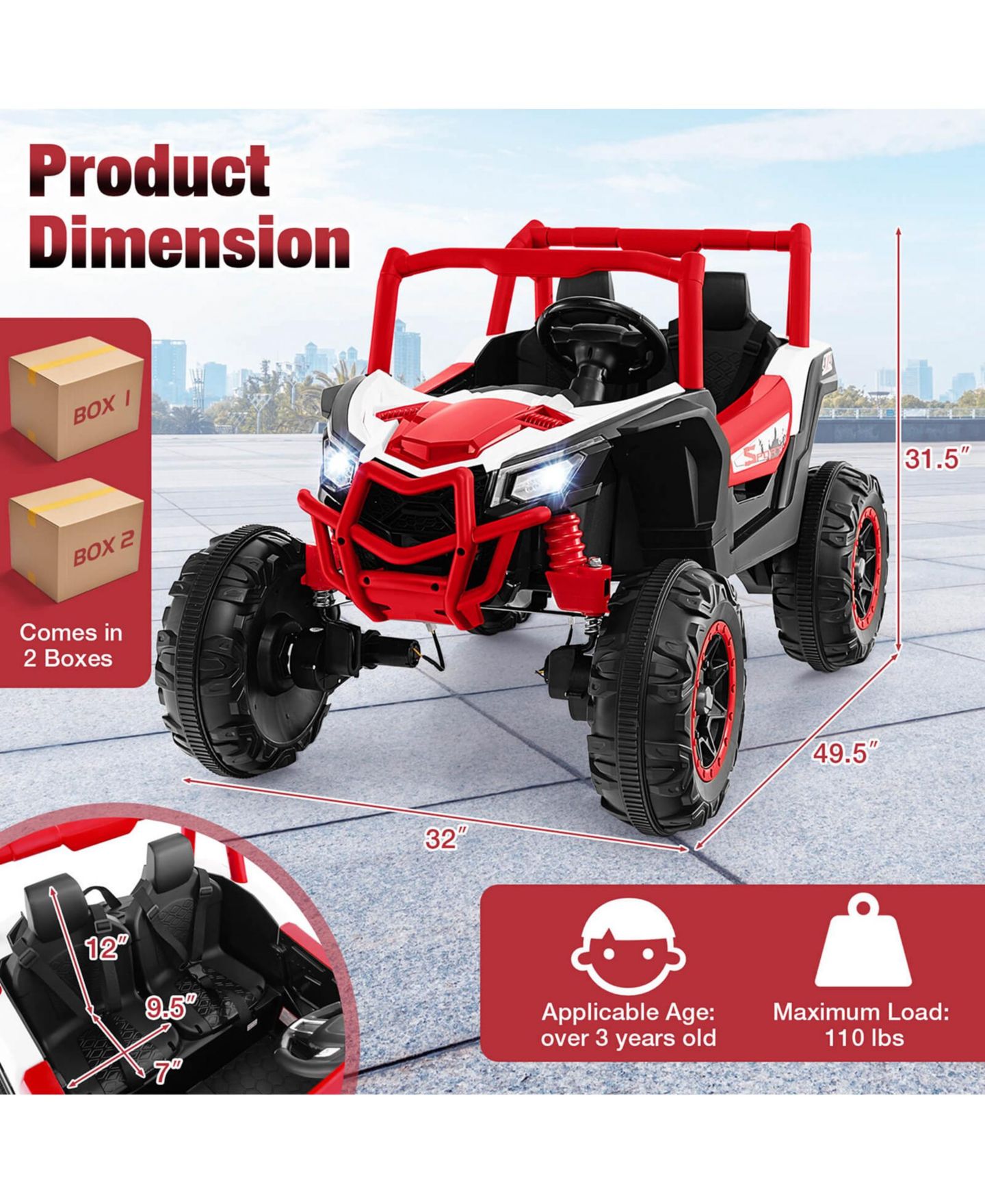 Детская игрушка Costway 24V Kids 2-Seater Remote Control Ride-On UTV, от 3 лет, цвет: Красный — фото 4