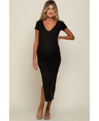 Maternity Black Basic Ribbed Side Slit Midi Dress