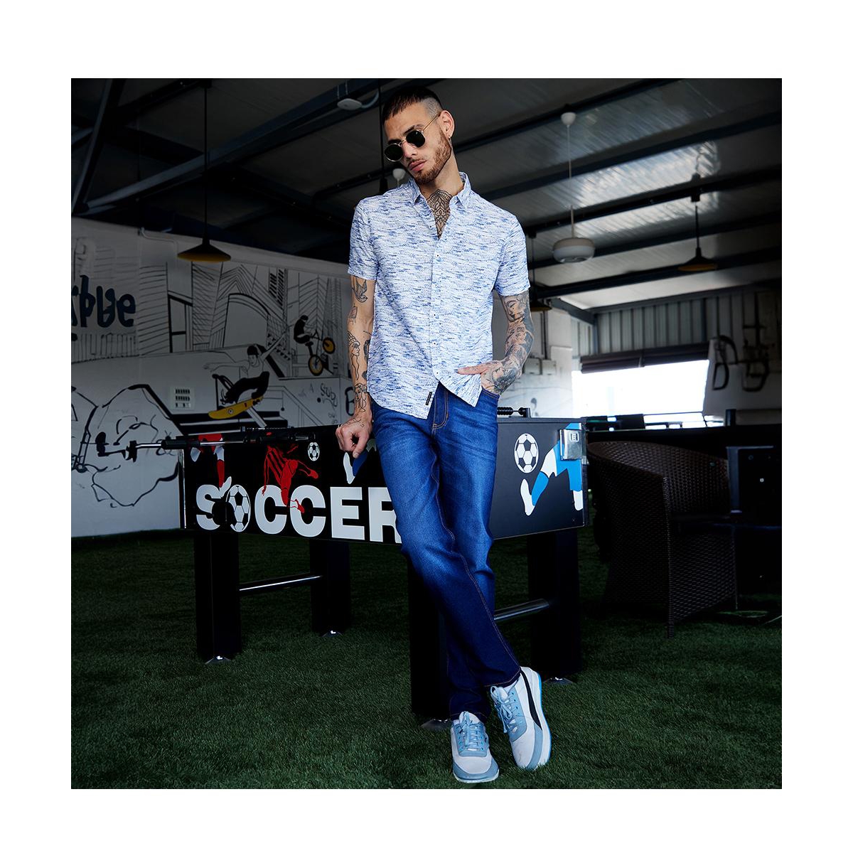 Campus Sutra Men's Chalk White & Indigo Blue Textured Tactile Shirt