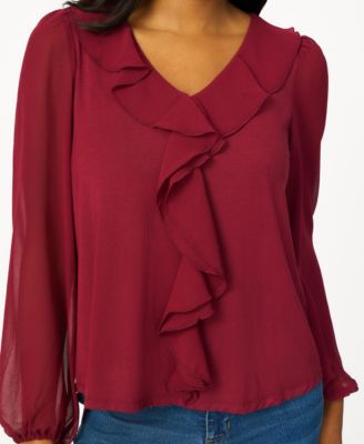 Women's Poet Chiffon Ruffle & V-Neck Knit Top