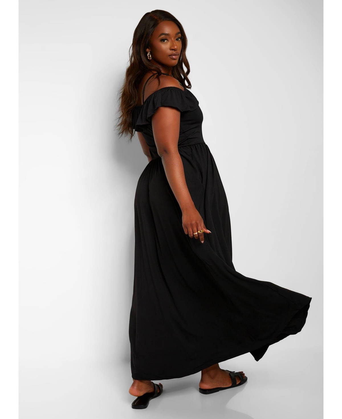 Rebdolls Plus Ruffle Sleeve Maxi A Line Dress W. Pockets - Black