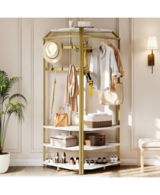 Corner Coat Rack With Shoe Bench and 6 Double Hooks, Corner Hall Tree - Clothes Rack With Storage Hall Tree With Organizer Shelf for Entryway, Hallway, Closet (02-Gold)
