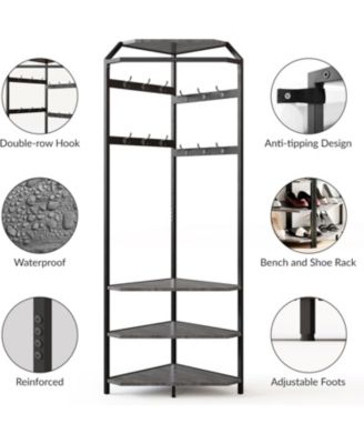 Corner Coat Rack with Shoe Bench Entryway and 12 Double Hooks, Corner Hall Tree - Corner Clothes Rack with Storage Corner Tree with Organizer Shoe Bench Shelf for Entryway, Hallway, Closet(Grey)