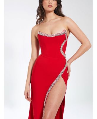 Women's Xoana Red Crystal Embellished High Slit Gown