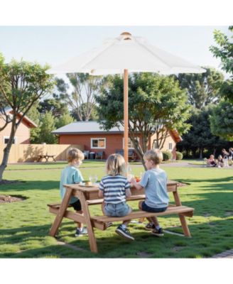 Wooden Picnic Table and Bench Set with Umbrella for Indoor and Outdoor Use