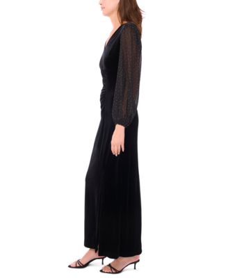 Women's Velvet V-Neck and Balloon Sleeve Maxi Dress