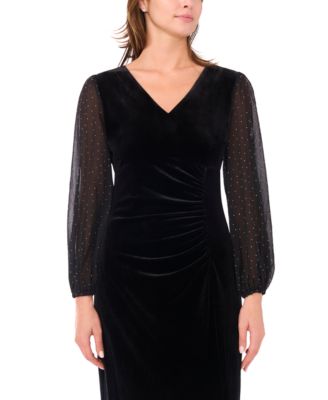 Women's Velvet V-Neck and Balloon Sleeve Maxi Dress