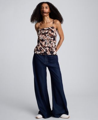 Women's Satin Printed Fold-Over Square Neck Top
