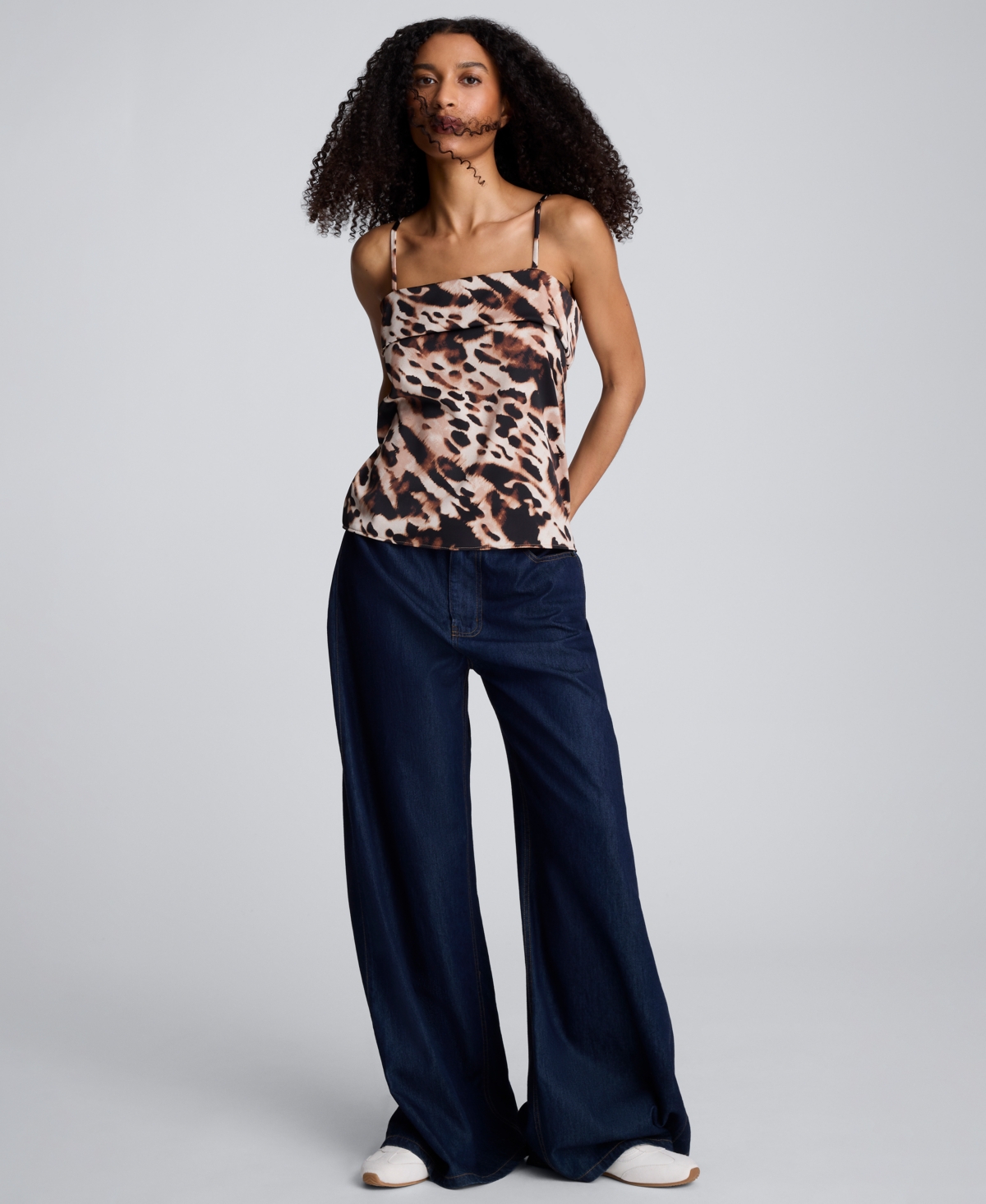 Kenneth Cole Animal Print Satin Foldover Spaghetti Strap Cami In Multi