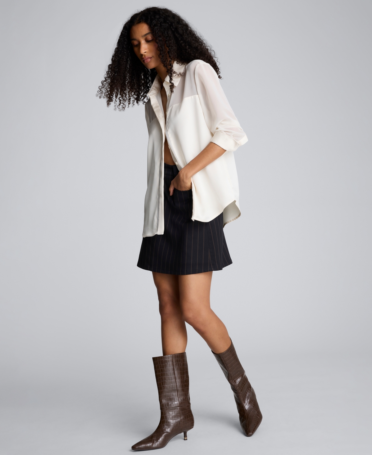 Kenneth Cole Long Sleeve Button Front Sheer Detail Woven Shirt In White