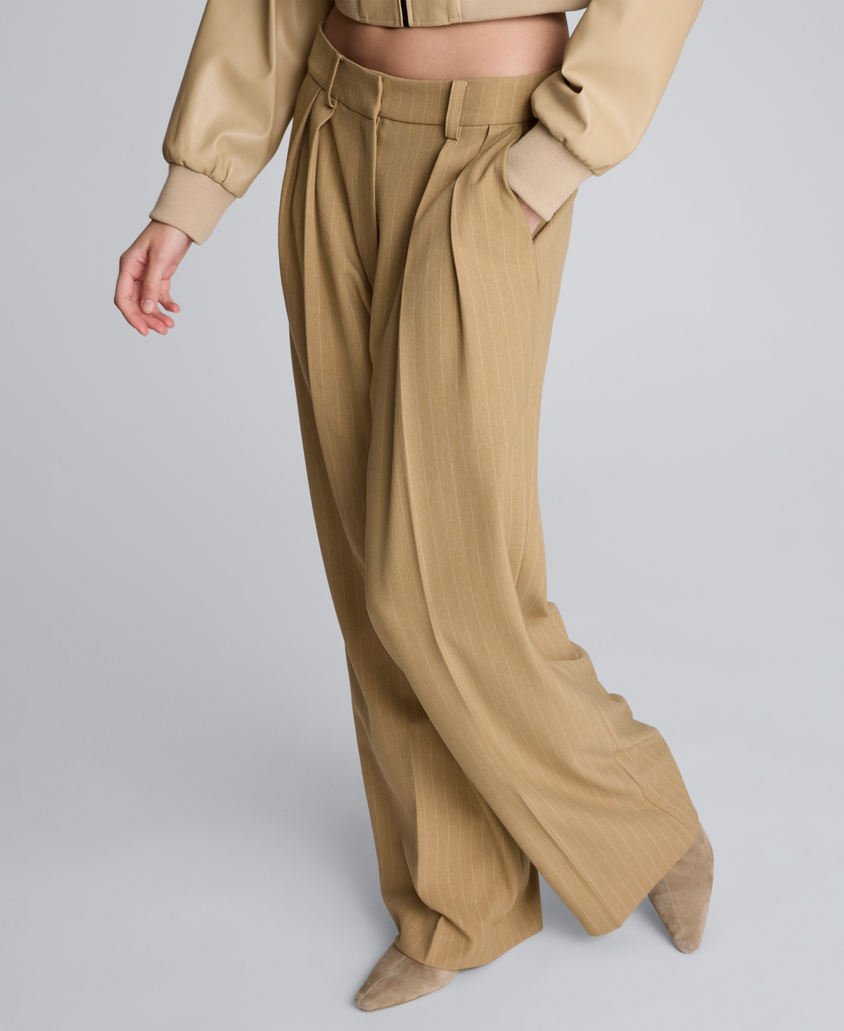 Kenneth Cole Pinstripe Double Pleat High Waist Wide Leg Pants In Brown