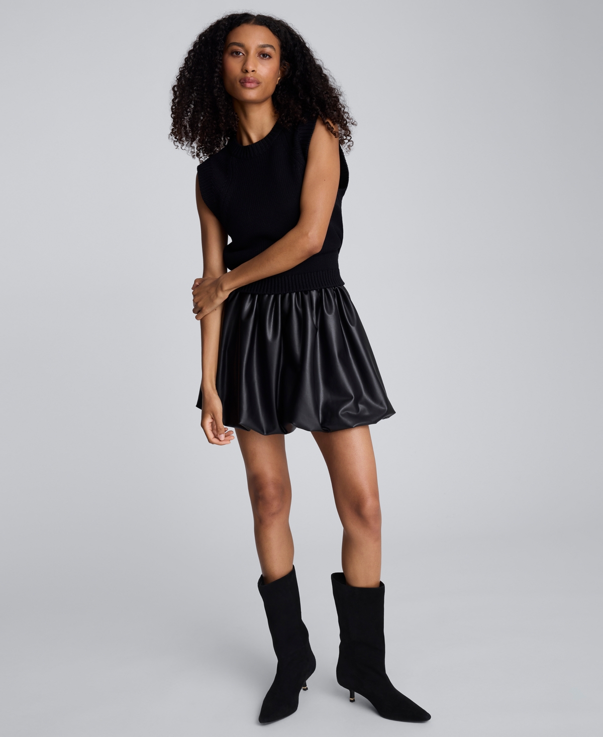 Kenneth Cole Faux Leather Pull On Bubble Mini Skirt In Black