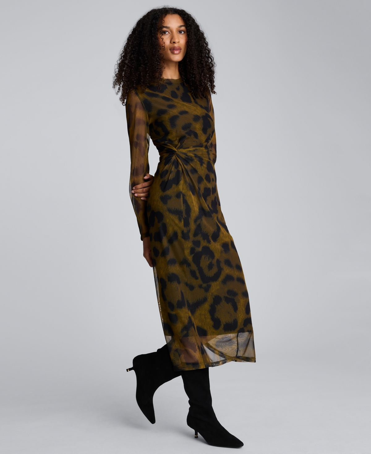 Kenneth Cole Printed Mesh Knot Front Long Sleeve Midi Dress In Green