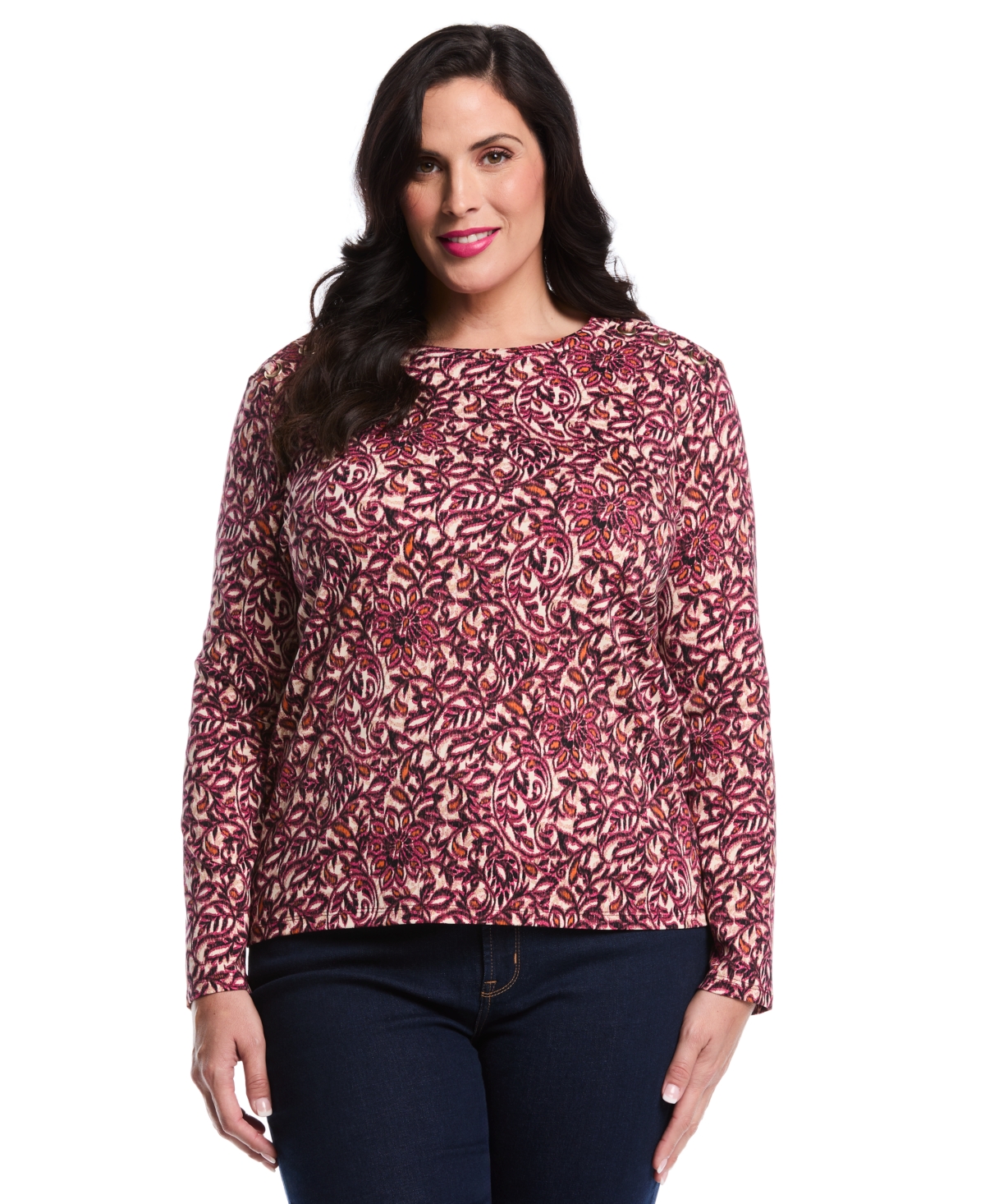 Rafaella Plus Size Elegant Print Laced Crew Neck Long Sleeve Top In Purple