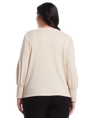 Plus Size Metallic Puff Long Sleeve Crew Neck Top