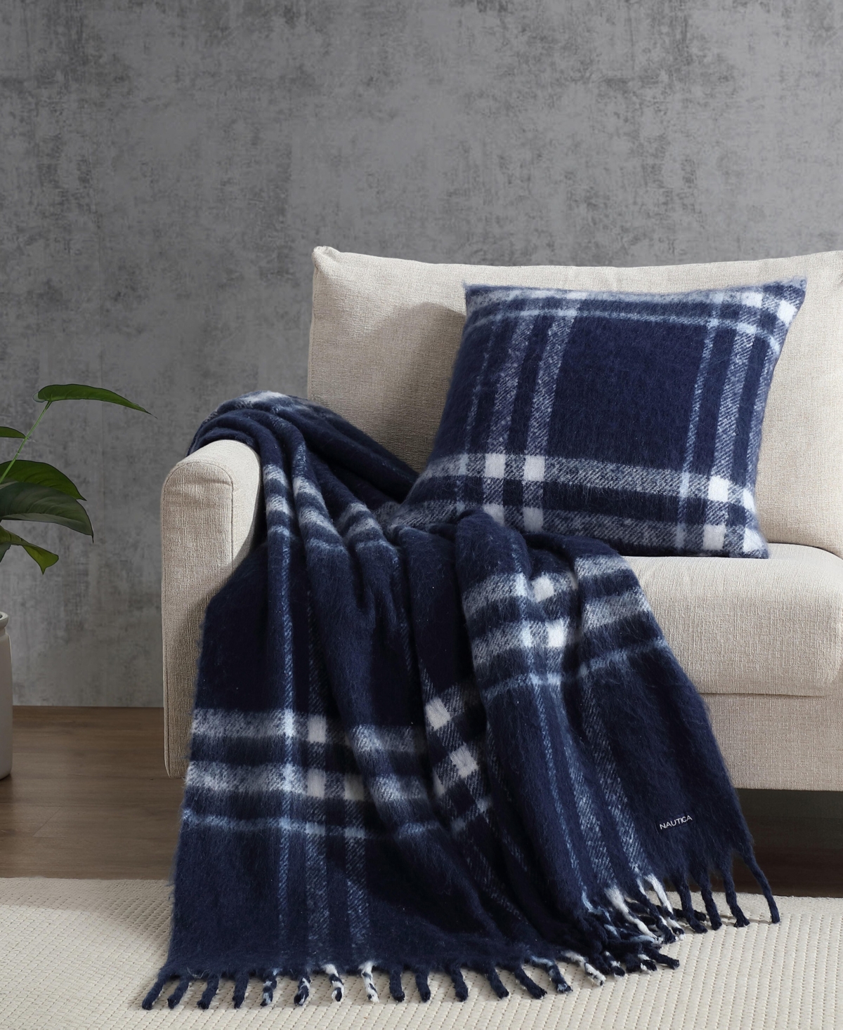 Nautica Ryan Cove Plaid Faux Mohair Square Decorative Pillow, 20" X 20" In Blue