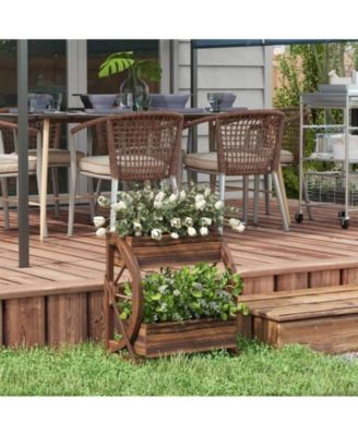 2-Planter Garden Wagon Wheel in Fir Wood, Farmhouse Style Outdoor Decor