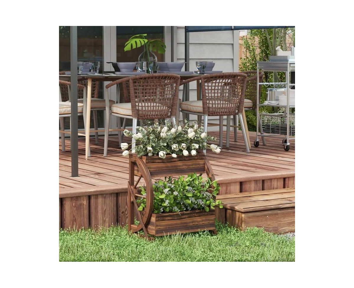 2-Planter Garden Wagon Wheel in Fir Wood, Farmhouse Style Outdoor Decor