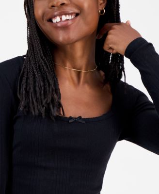 Juniors' Square-Neck Ribbed Long-Sleeve Picot Bow Top