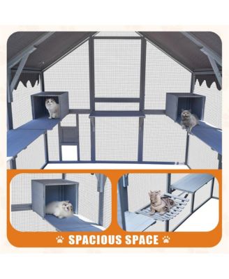 110 in. Outdoor Cat House Cat Enclosures with Platforms Upgrade Waterproof Cover in Gray