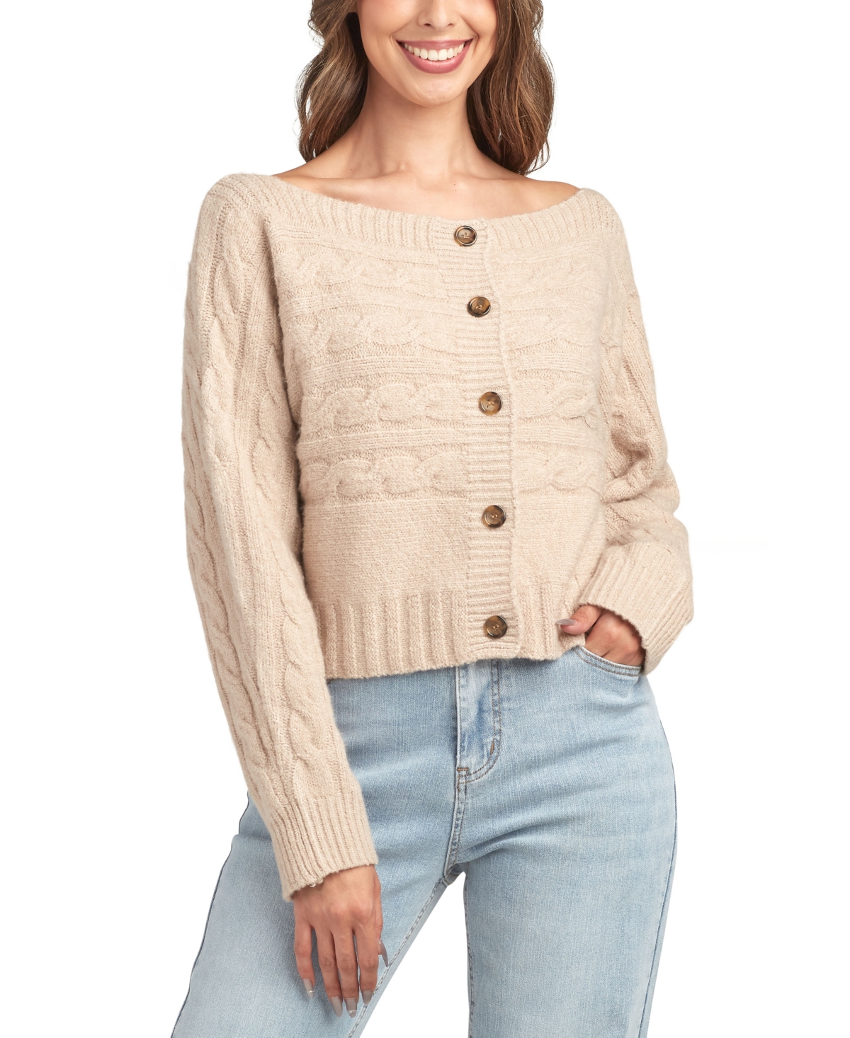 Bcx Juniors' Boat Neck Long Sleeve Cardigan Sweater In Brown
