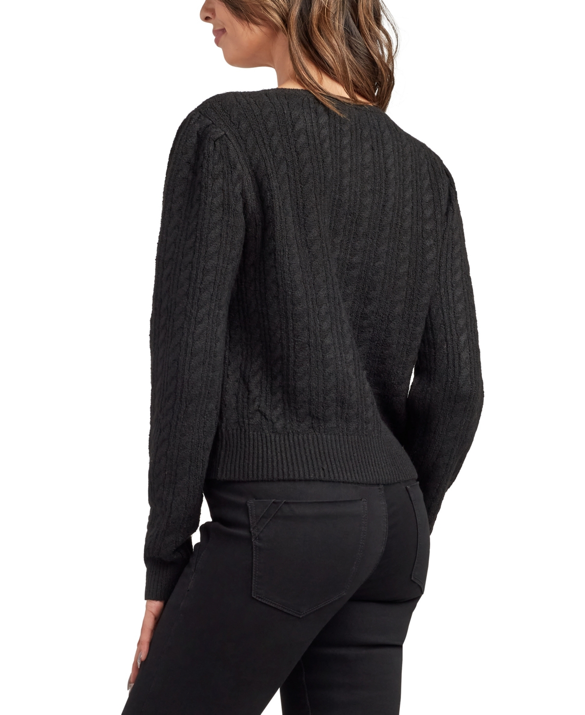 Bcx Juniors' Crewneck Long Sleeve Cardigan Sweater In Black