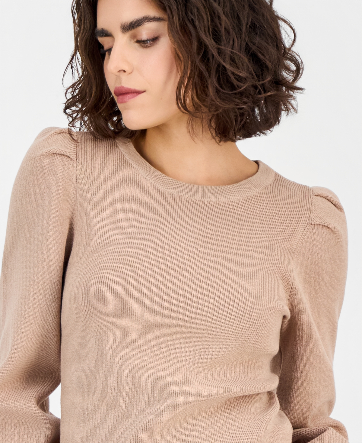 Ak Anne Klein Women's High-crewneck Long-puff-sleeve Sweater In Brown