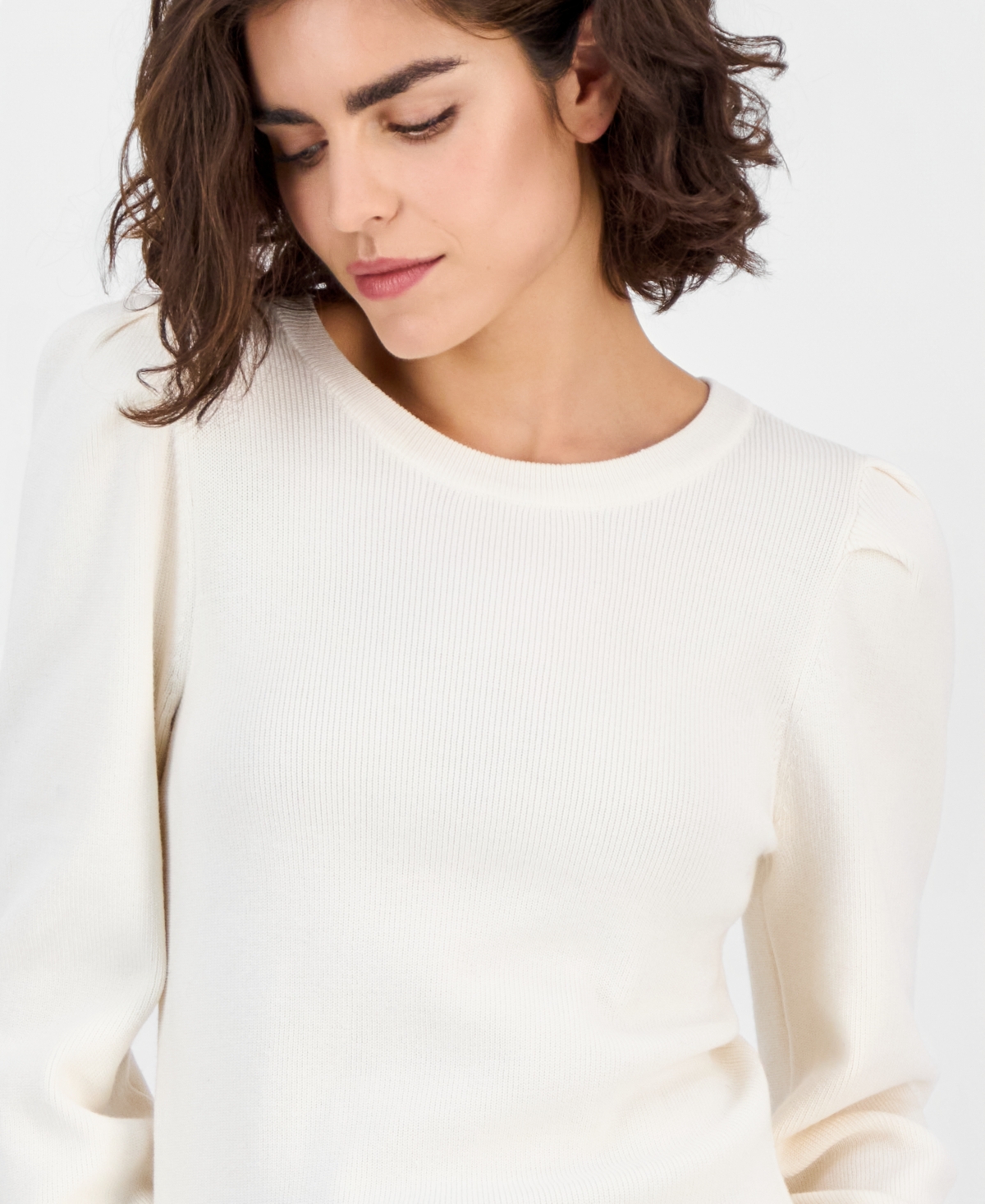 Ak Anne Klein Petite Puff-Sleeve Crewneck Sweater